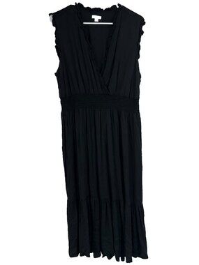 J Jill Women 2X Midi Dress Ruffle V Neck Cap Sleeve Black Stretch Defined Waist